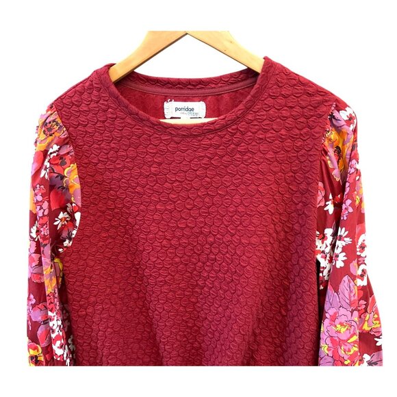 Porridge Anthropologie Red Bohemian Textured Pullover Sweatshirt Floral Sleeve - Picture 2 of 6